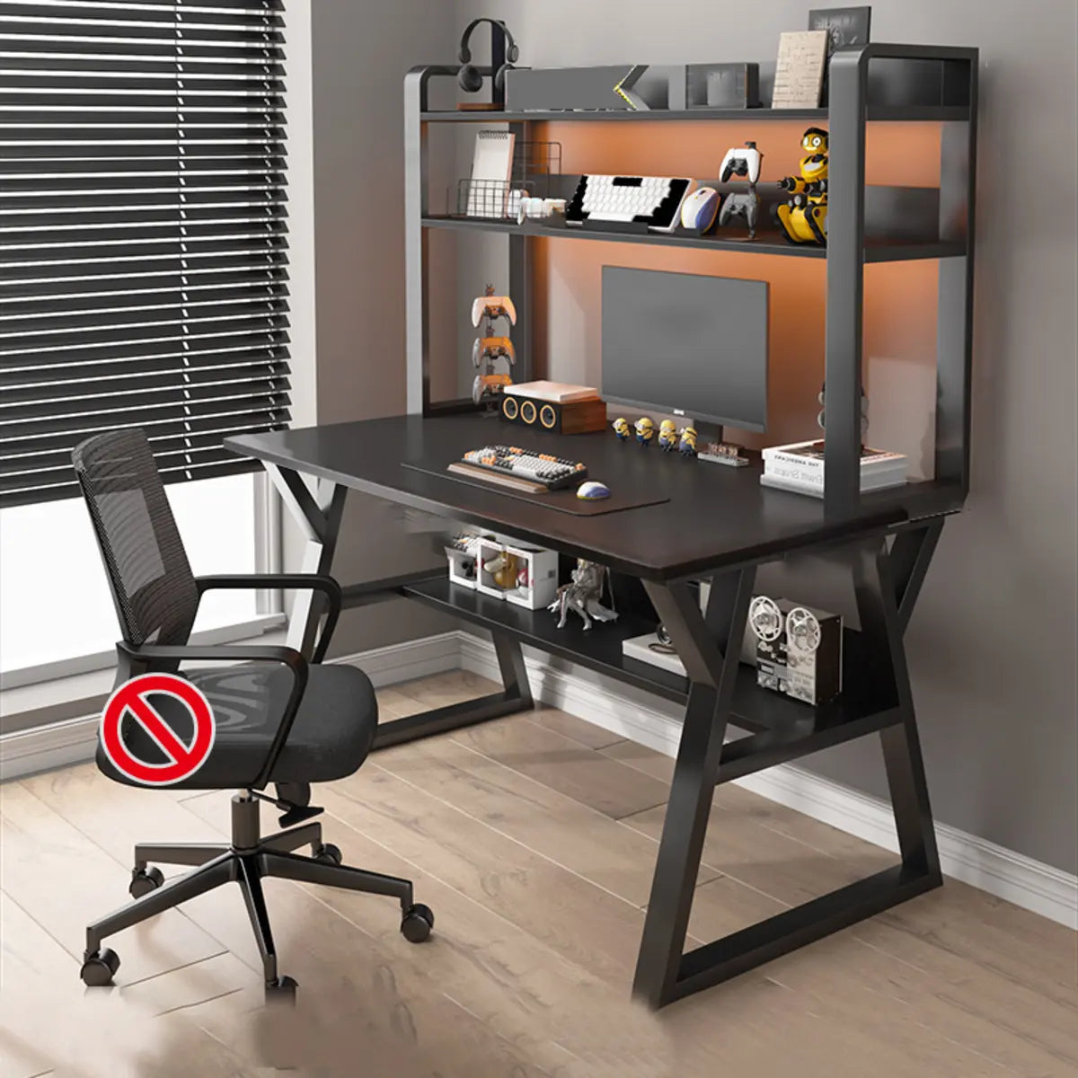 Nut-Brown Wood Computer Desk with Hutch and Shelf — Natural Finish / Without Chairs