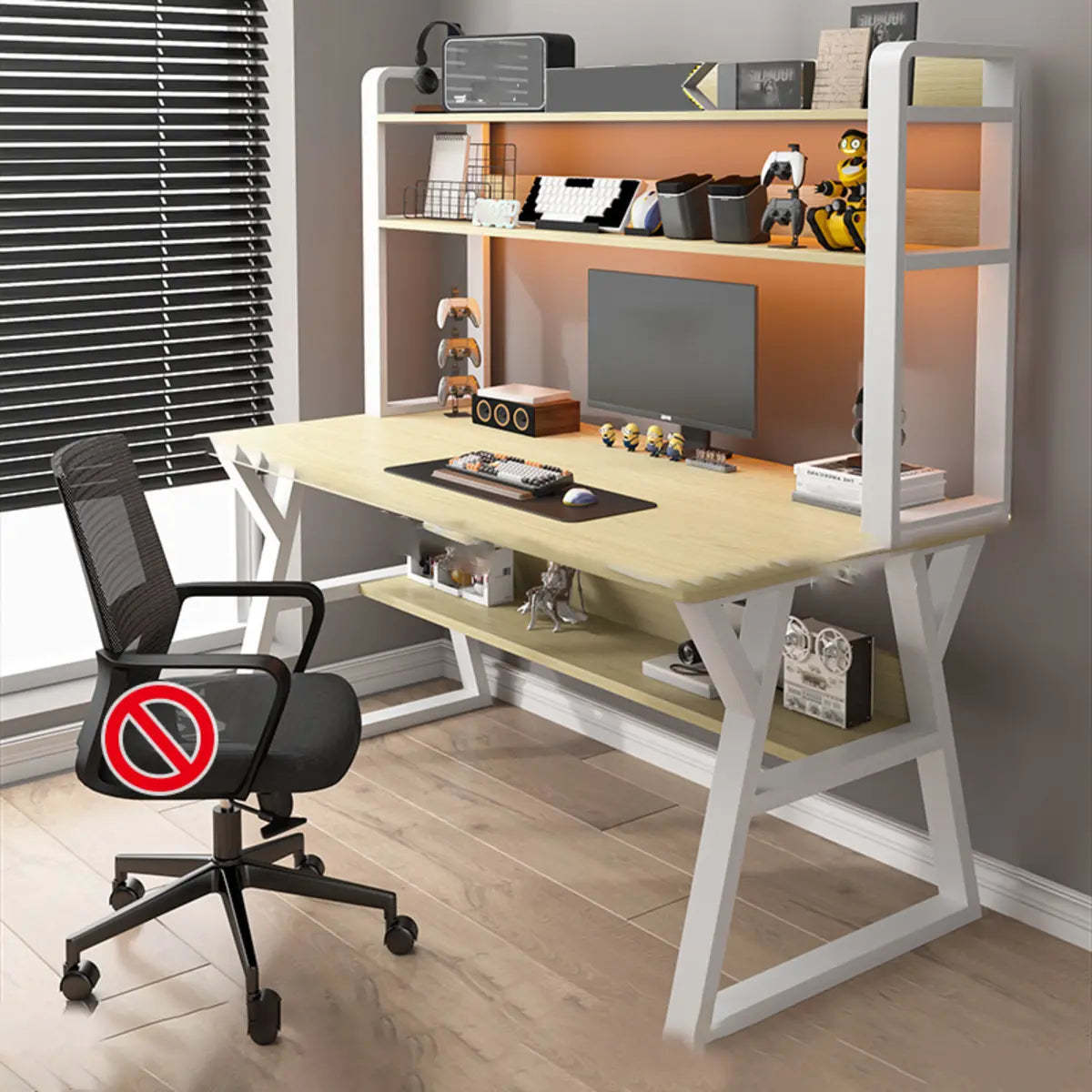 Nut-Brown Wood Computer Desk with Hutch and Shelf