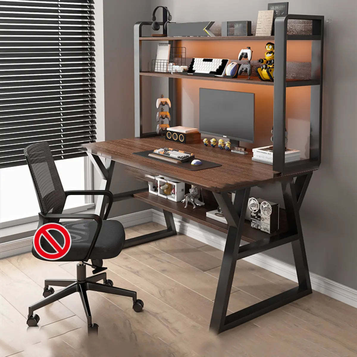 Nut-Brown Wood Computer Desk with Hutch and Shelf