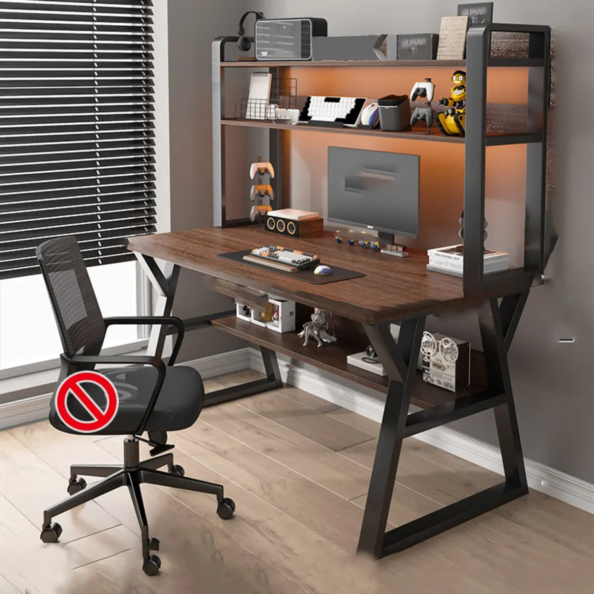 Nut-Brown Wood Computer Desk with Hutch and Shelf