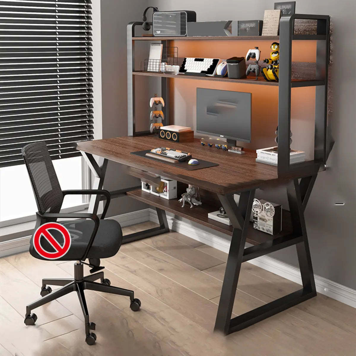 Nut-Brown Wood Computer Desk with Hutch and Shelf