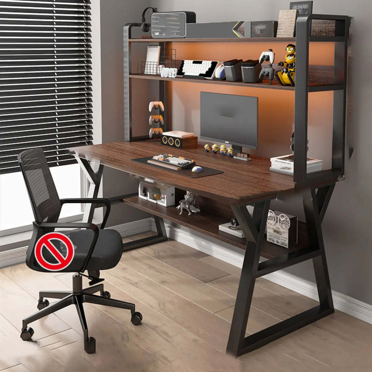 Nut-Brown Wood Computer Desk with Hutch and Shelf