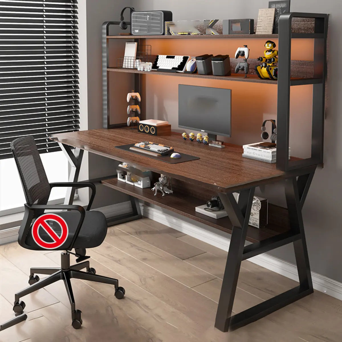 Nut-Brown Wood Computer Desk with Hutch and Shelf