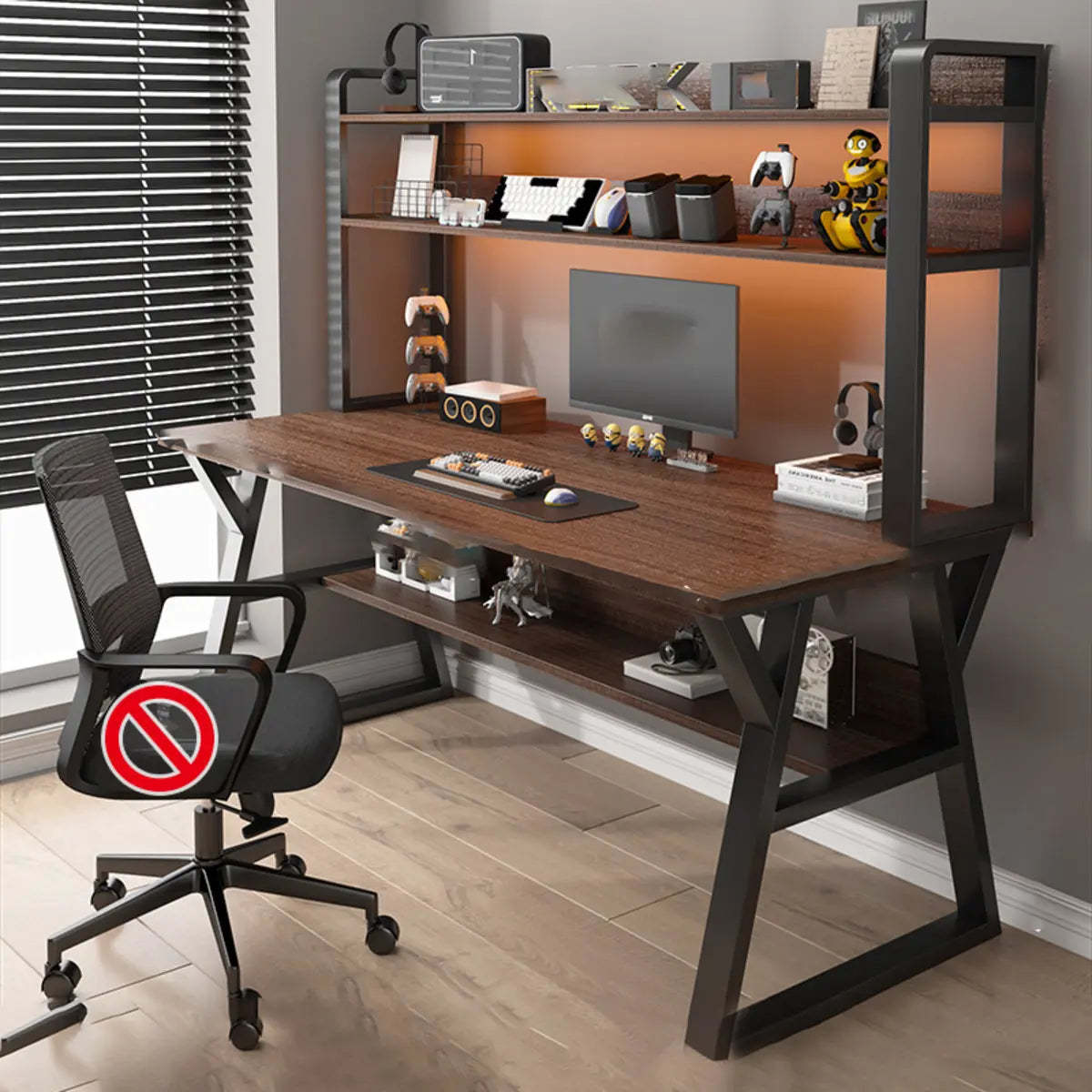 Nut-Brown Wood Computer Desk with Hutch and Shelf