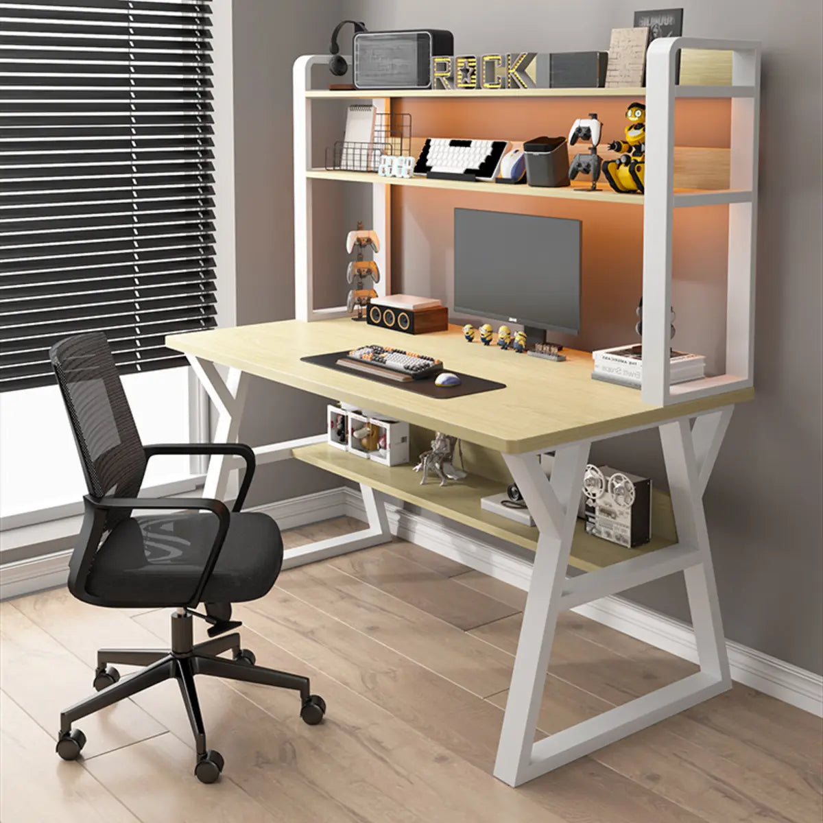 Nut-Brown Wood Computer Desk with Hutch and Shelf — Nut-Brown / Without Chairs