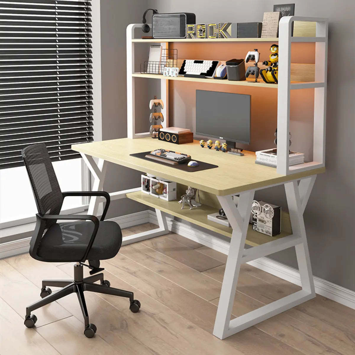 Nut-Brown Wood Computer Desk with Hutch and Shelf — Nut-Brown / Without Chairs