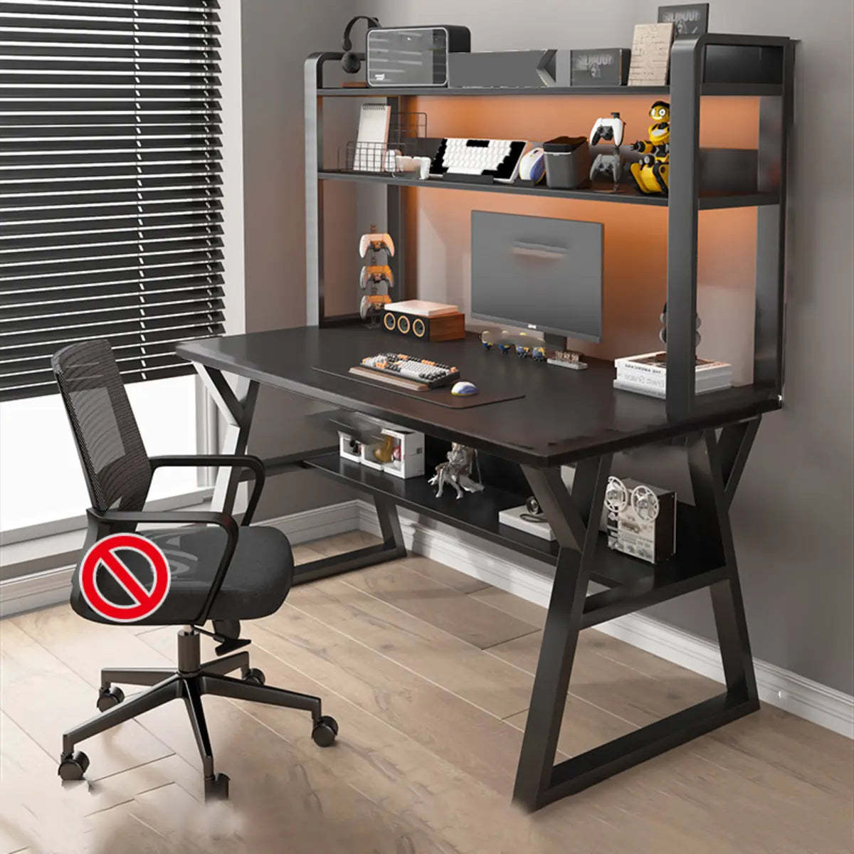 Nut-Brown Wood Computer Desk with Hutch and Shelf — Grey / Without Chairs