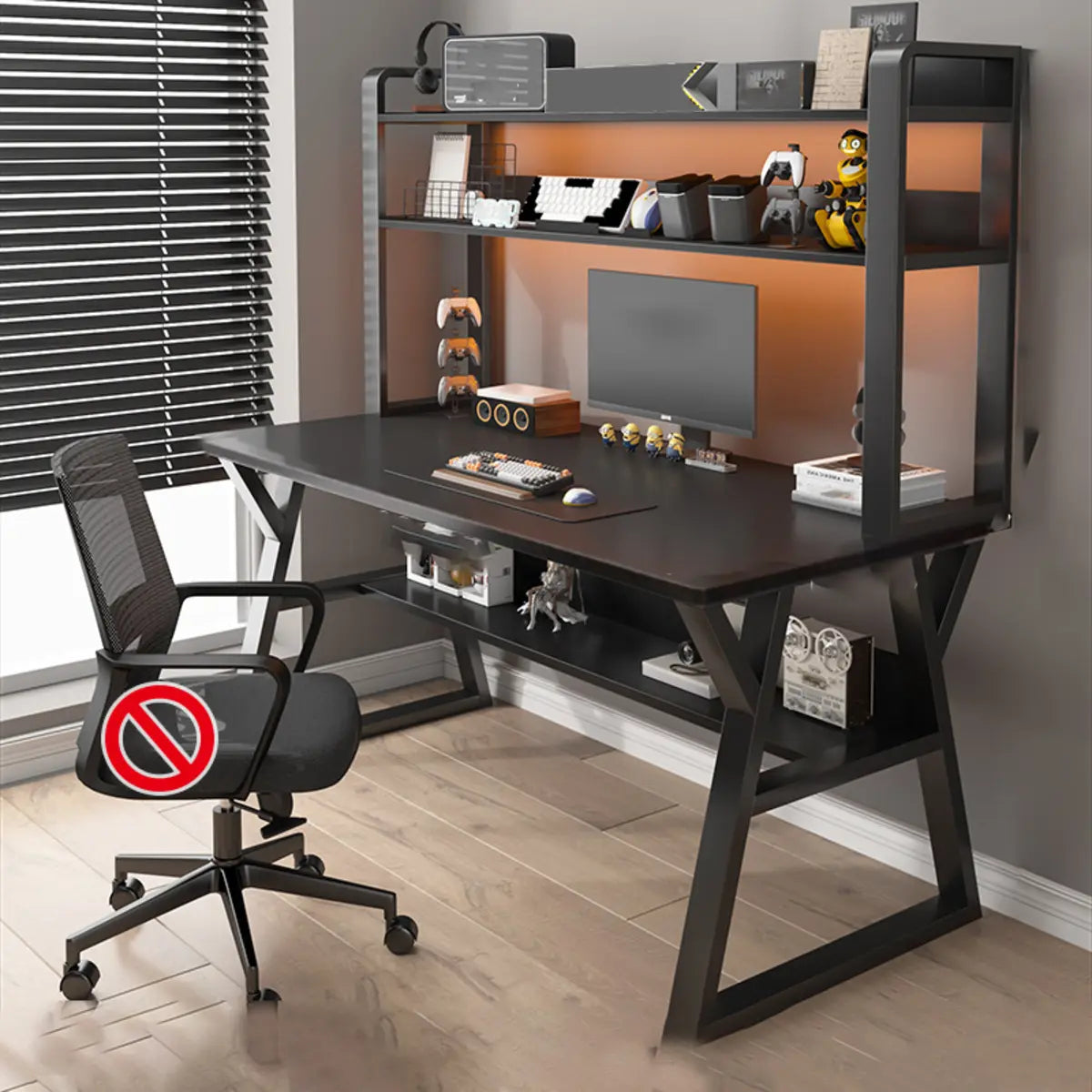 Nut-Brown Wood Computer Desk with Hutch and Shelf — Black / Without Chairs