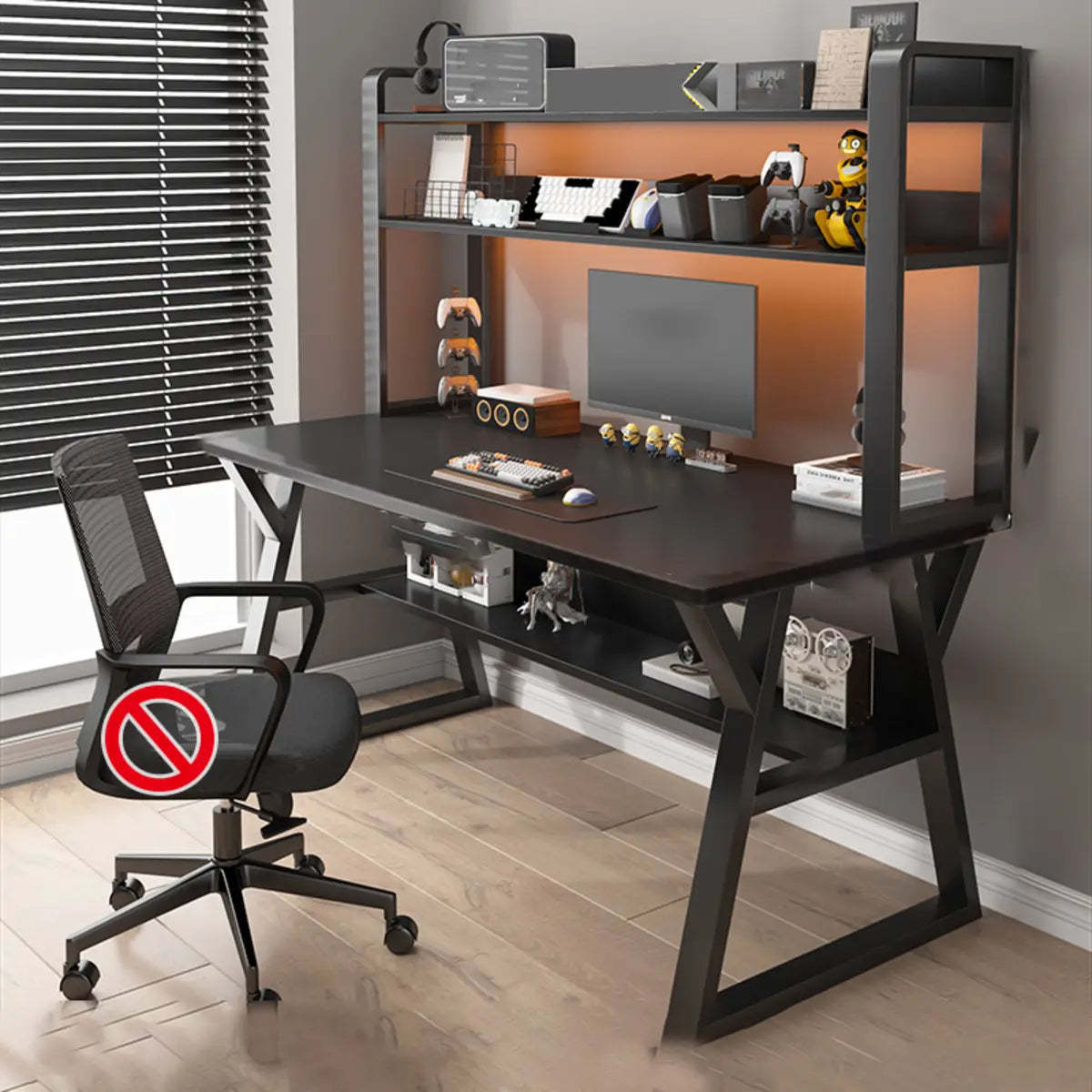 Nut-Brown Wood Computer Desk with Hutch and Shelf — Black / Without Chairs