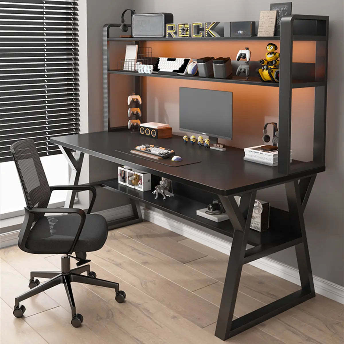 Nut-Brown Wood Computer Desk with Hutch and Shelf — Natural Finish / Without Chairs