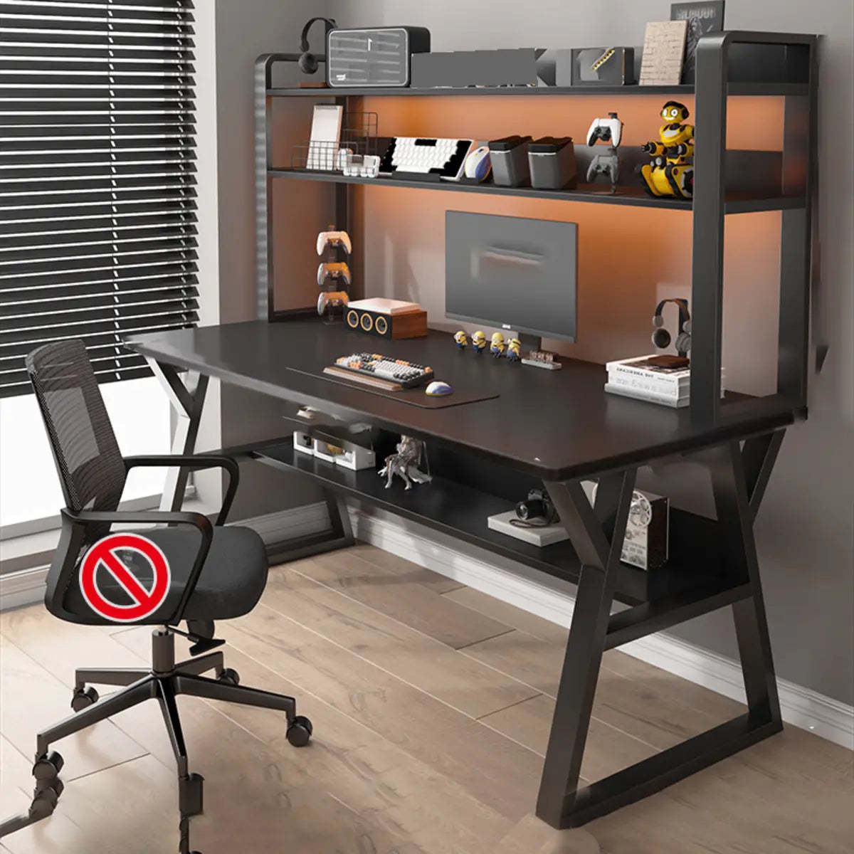 Nut-Brown Wood Computer Desk with Hutch and Shelf — Grey / Without Chairs