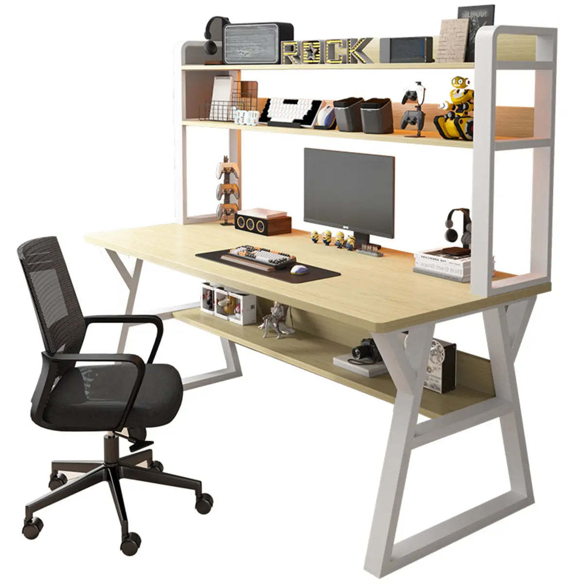 Nut-Brown Wood Computer Desk with Hutch and Shelf — Black / Without Chairs