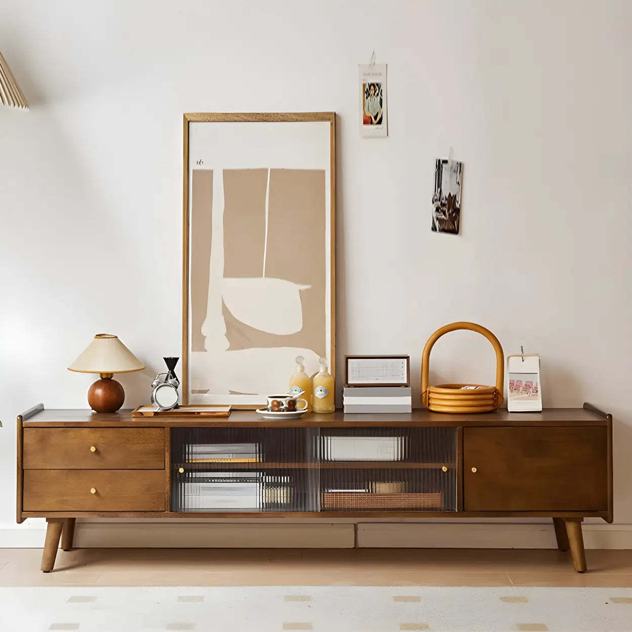 Nut-Brown Wood TV Stand with Drawers and Legs — Cherry Wood