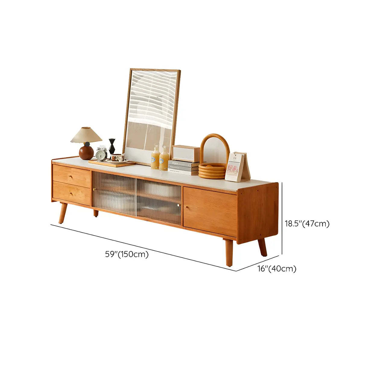 Nut-Brown Wood TV Stand with Drawers and Legs