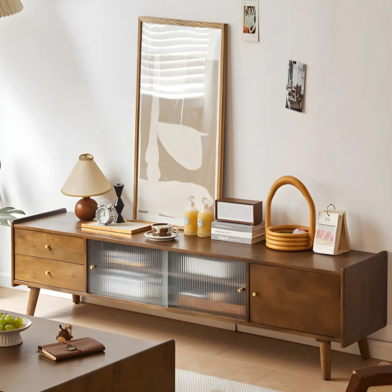 Nut-Brown Wood TV Stand with Drawers and Legs — Nut-Brown