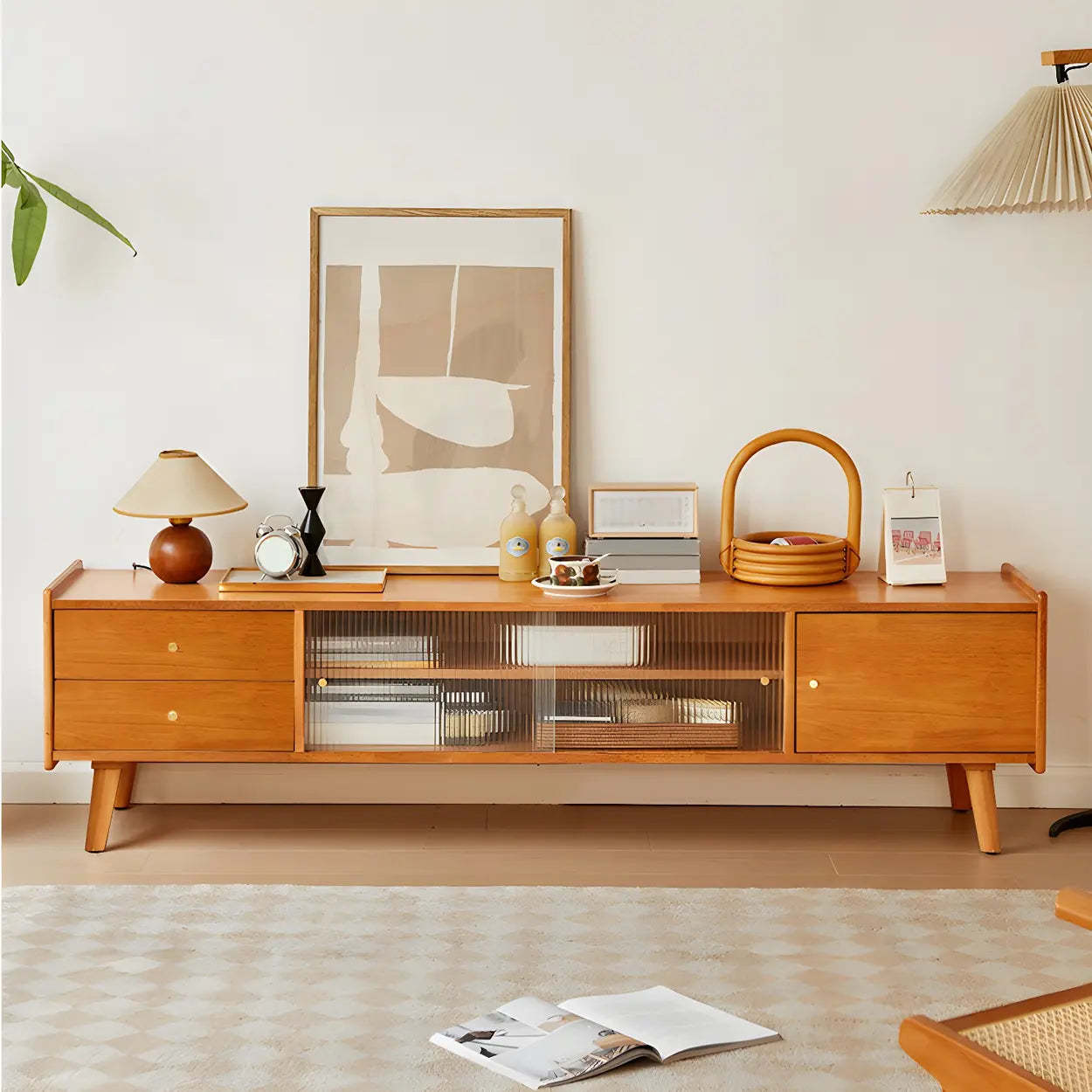 Nut-Brown Wood TV Stand with Drawers and Legs — Walnut/ Black