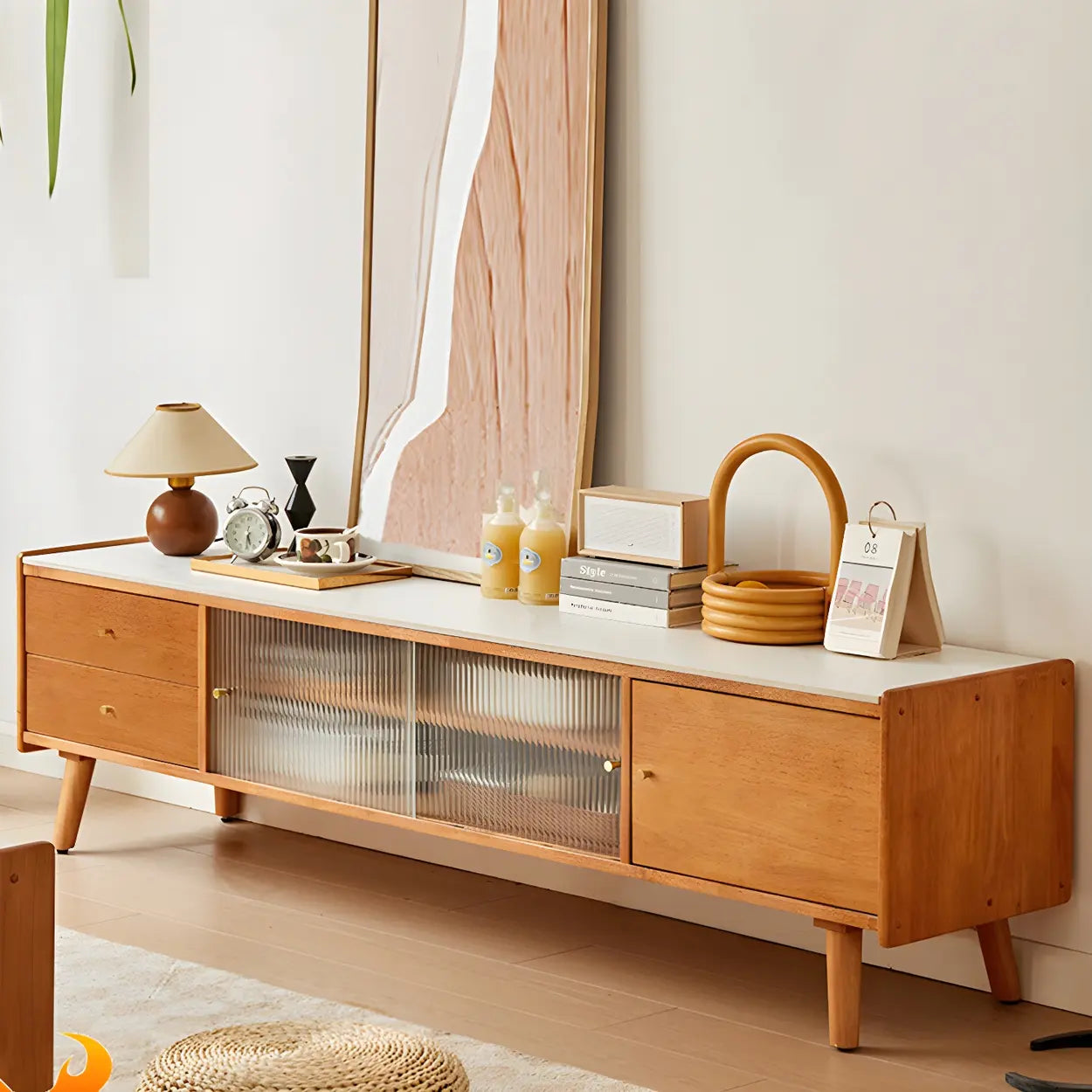 Nut-Brown Wood TV Stand with Drawers and Legs — Cherry/ Beige