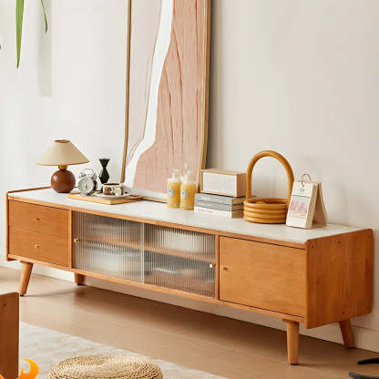 Nut-Brown Wood TV Stand with Drawers and Legs — Cherry/ Beige