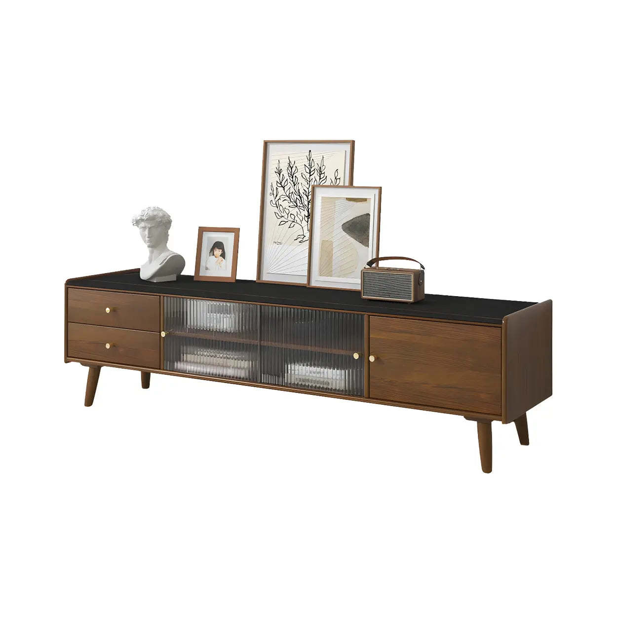 Nut-Brown Wood TV Stand with Drawers and Legs — Walnut/ Black