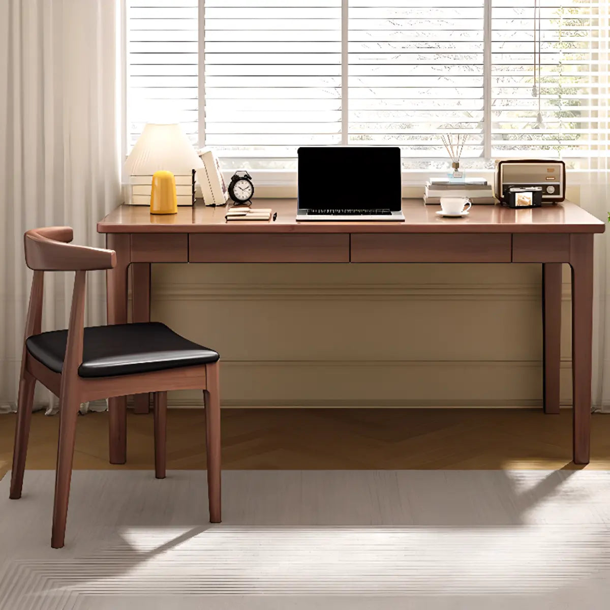 Nut-Brown Wood Parsons Drawer Writing Desk — Without Chairs / Grey