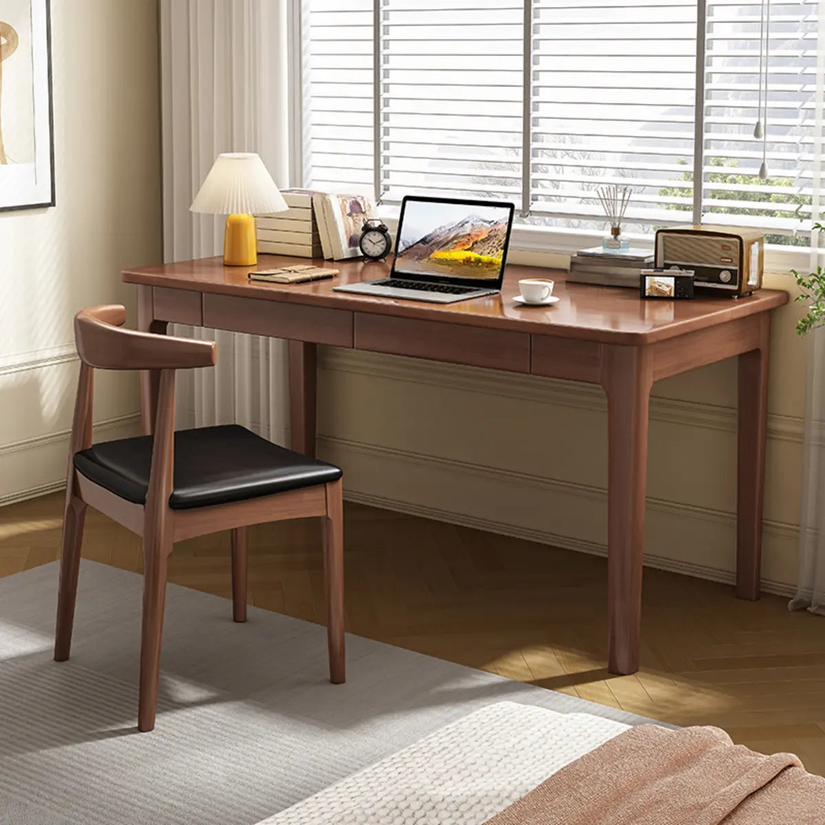 Nut-Brown Wood Parsons Drawer Writing Desk — Without Chairs / Grey