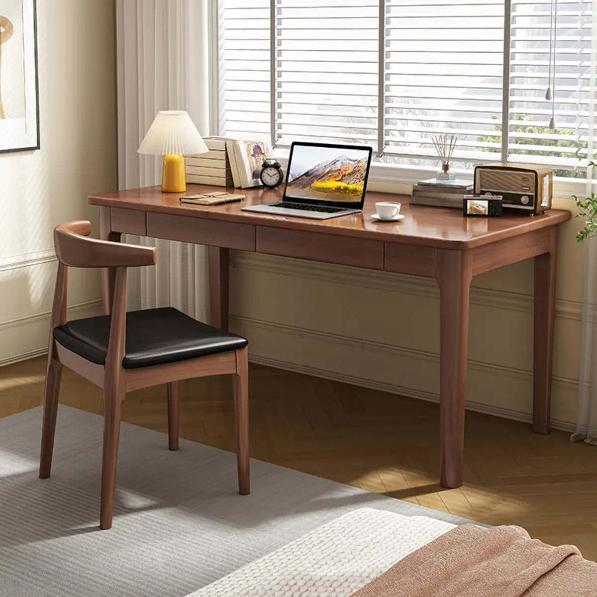 Nut-Brown Wood Parsons Drawer Writing Desk — Without Chairs / Grey