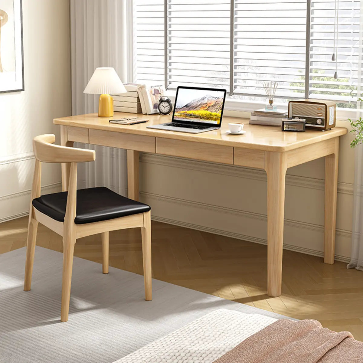 Nut-Brown Wood Parsons Drawer Writing Desk — Without Chairs / Grey