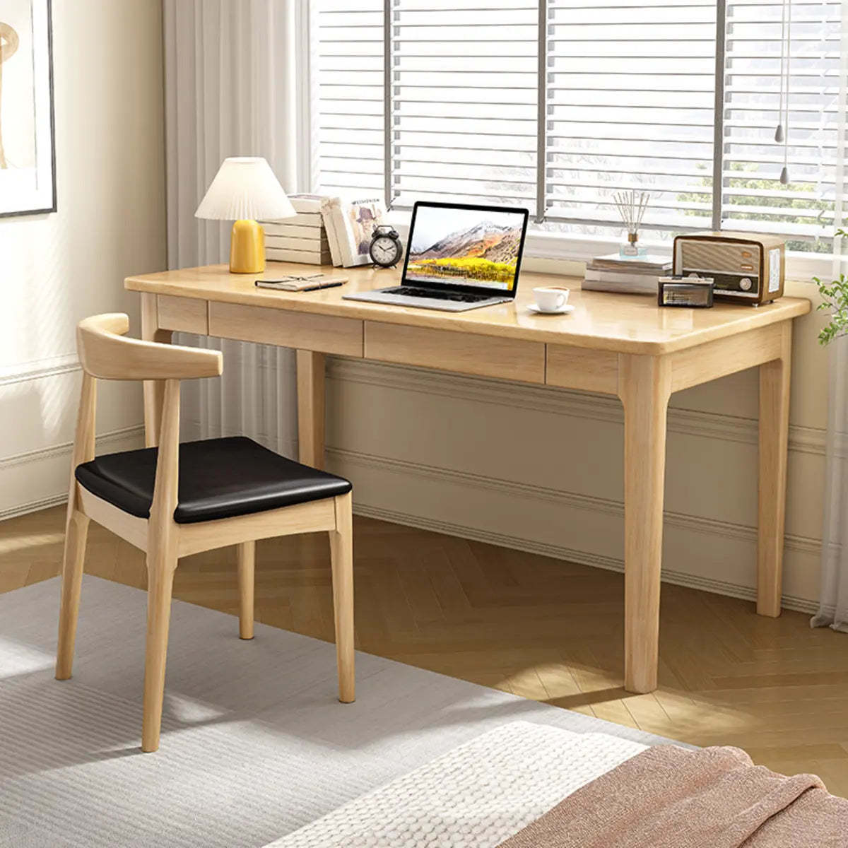 Nut-Brown Wood Parsons Drawer Writing Desk — Without Chairs / Grey