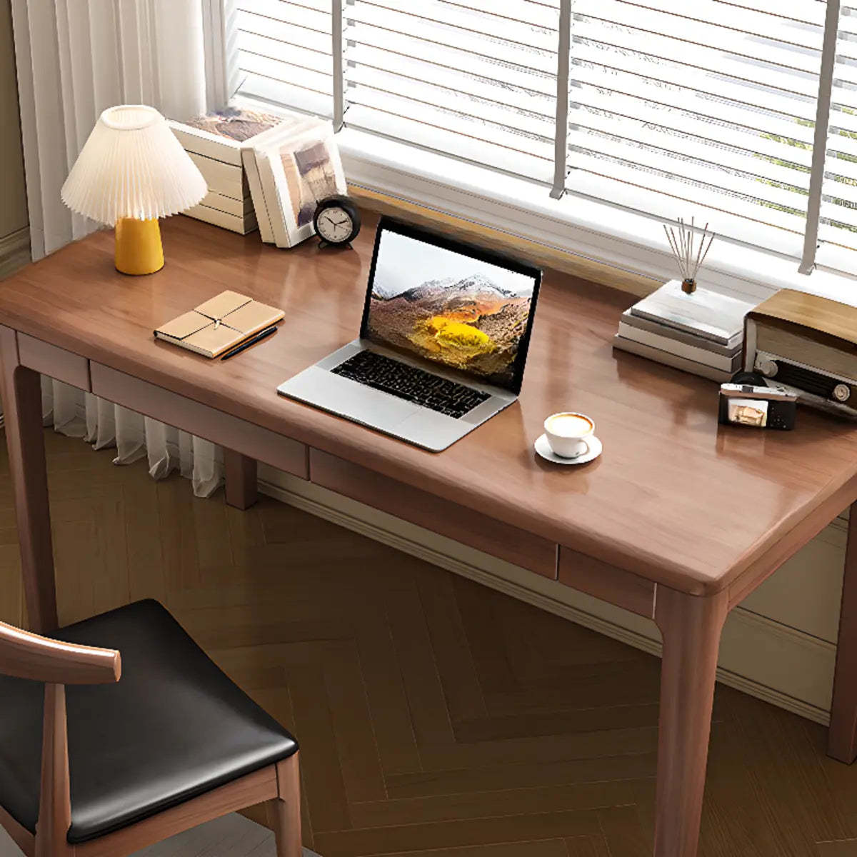Nut-Brown Wood Parsons Drawer Writing Desk — Without Chairs / Natural Finish