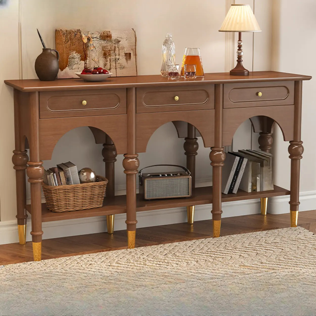 Nut-Brown Wood Foyer Console Table with Shelves