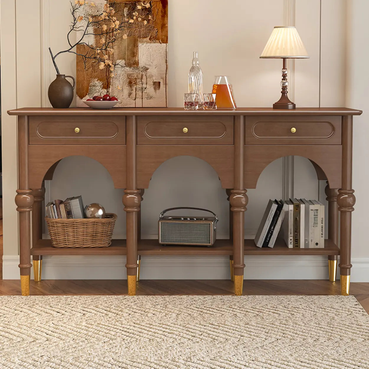 Nut-Brown Wood Foyer Console Table with Shelves — Black