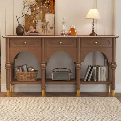Nut-Brown Wood Foyer Console Table with Shelves — Black