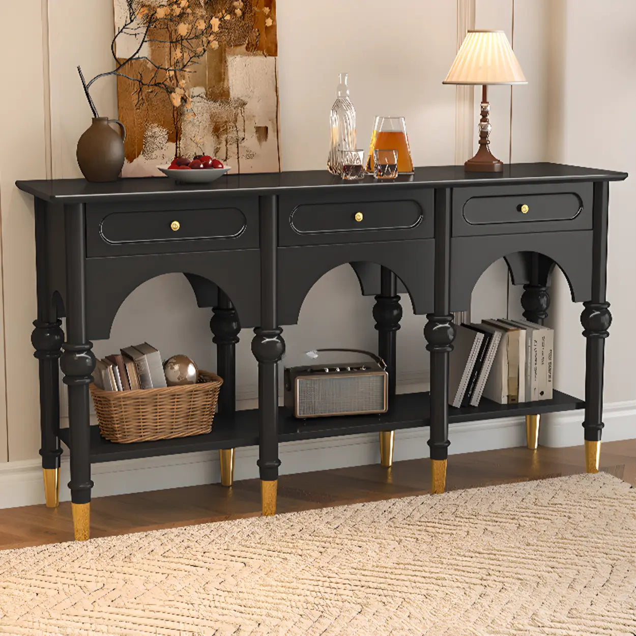 Nut-Brown Wood Foyer Console Table with Shelves — Nut-Brown