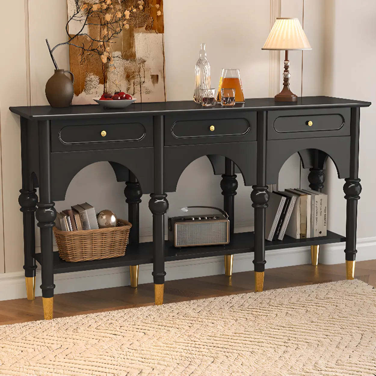 Nut-Brown Wood Foyer Console Table with Shelves — Nut-Brown