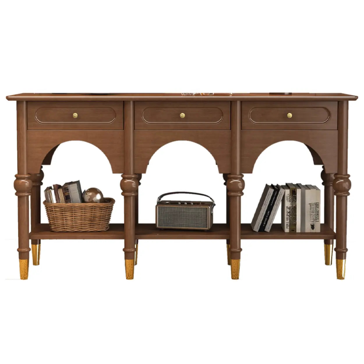 Nut-Brown Wood Foyer Console Table with Shelves