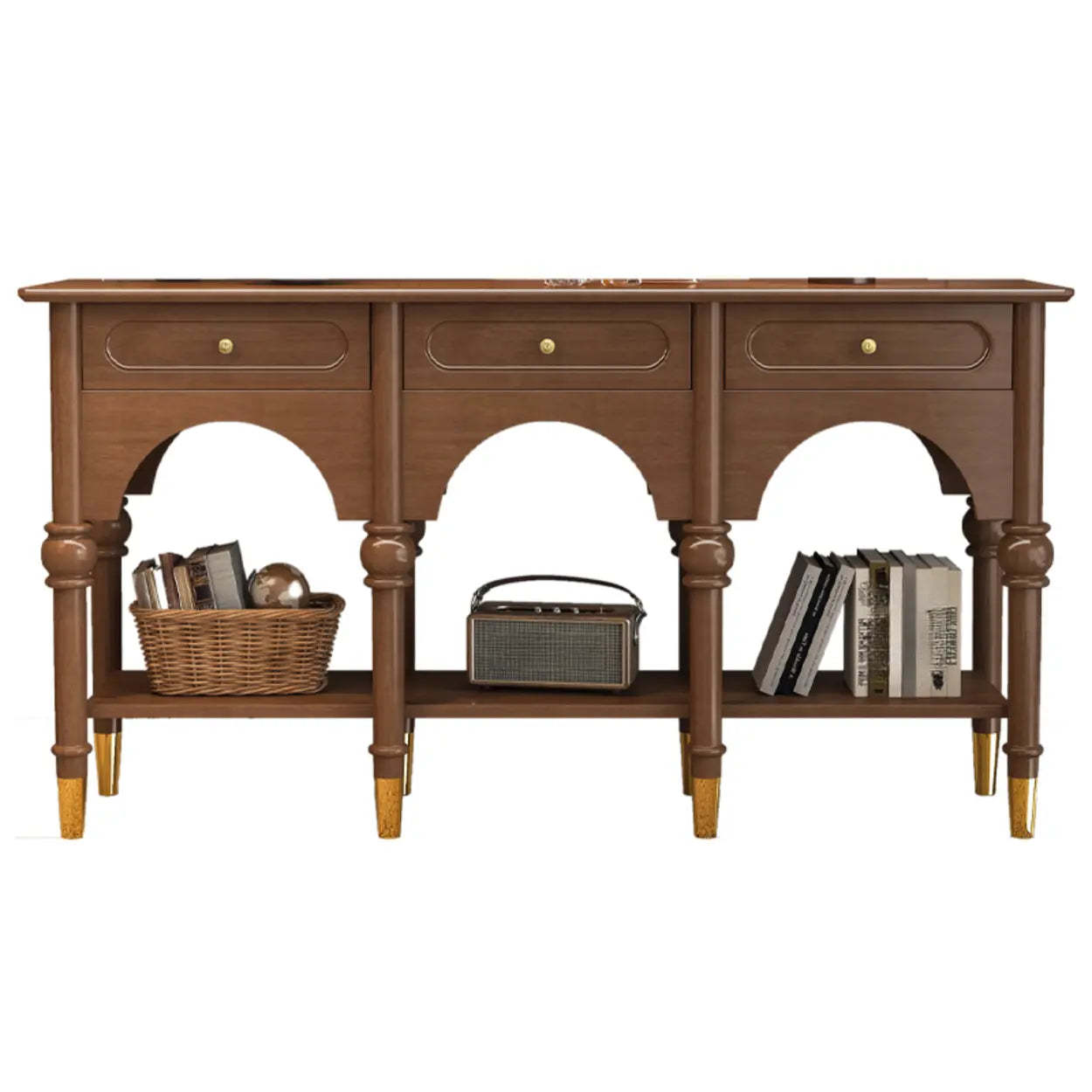 Nut-Brown Wood Foyer Console Table with Shelves