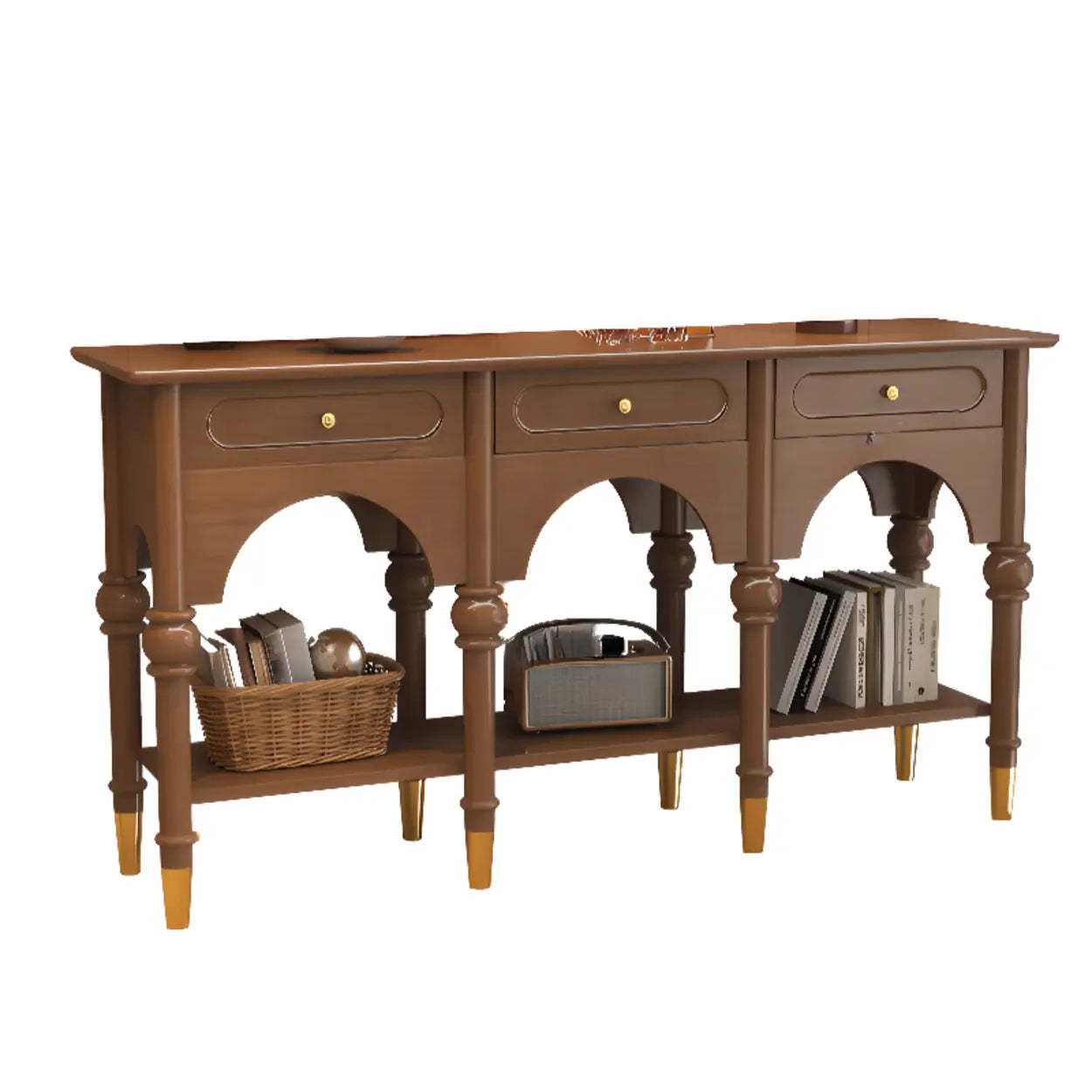 Nut-Brown Wood Foyer Console Table with Shelves