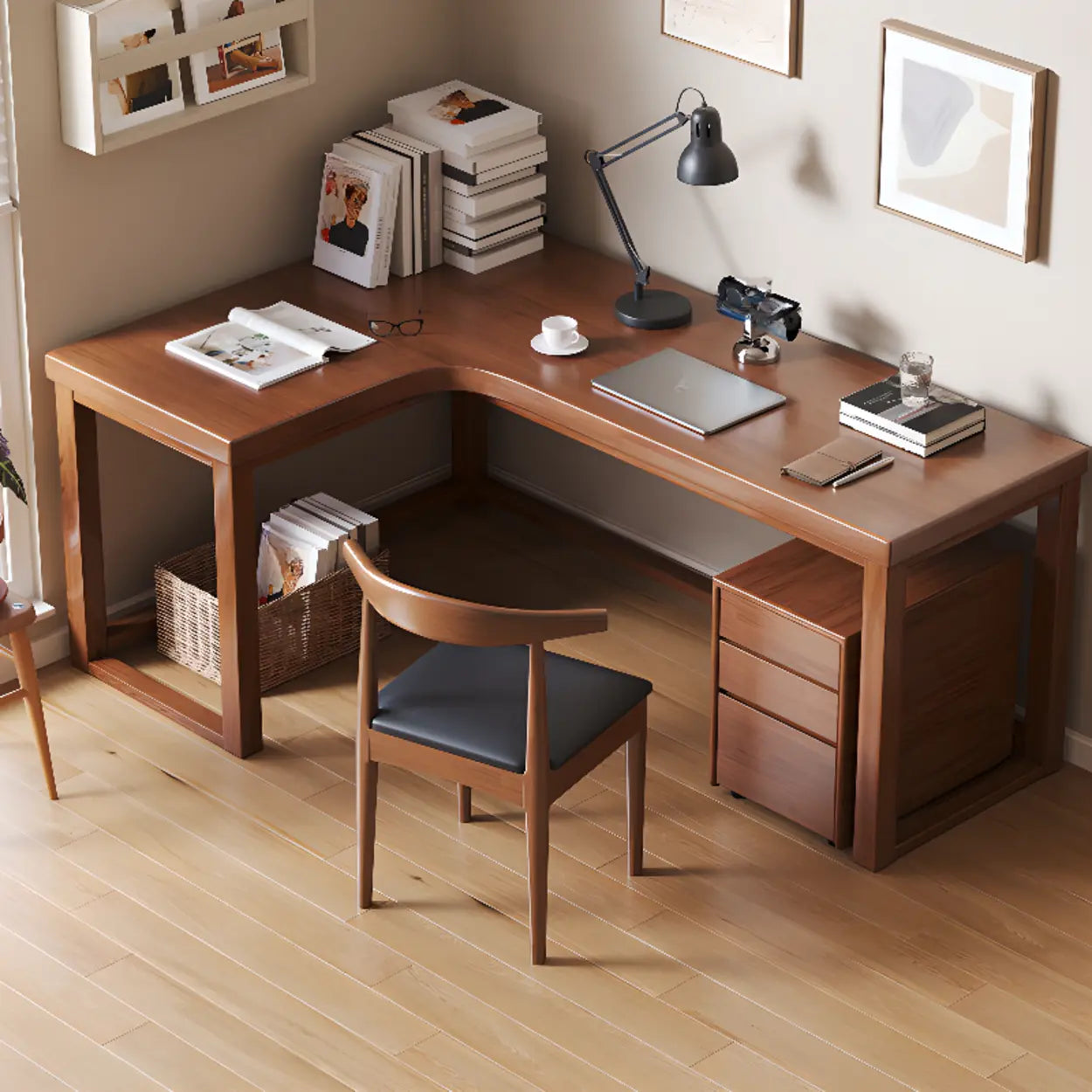 Nut-Brown Wood L-Shape Butcher Block Writing Desk — White / Table Only