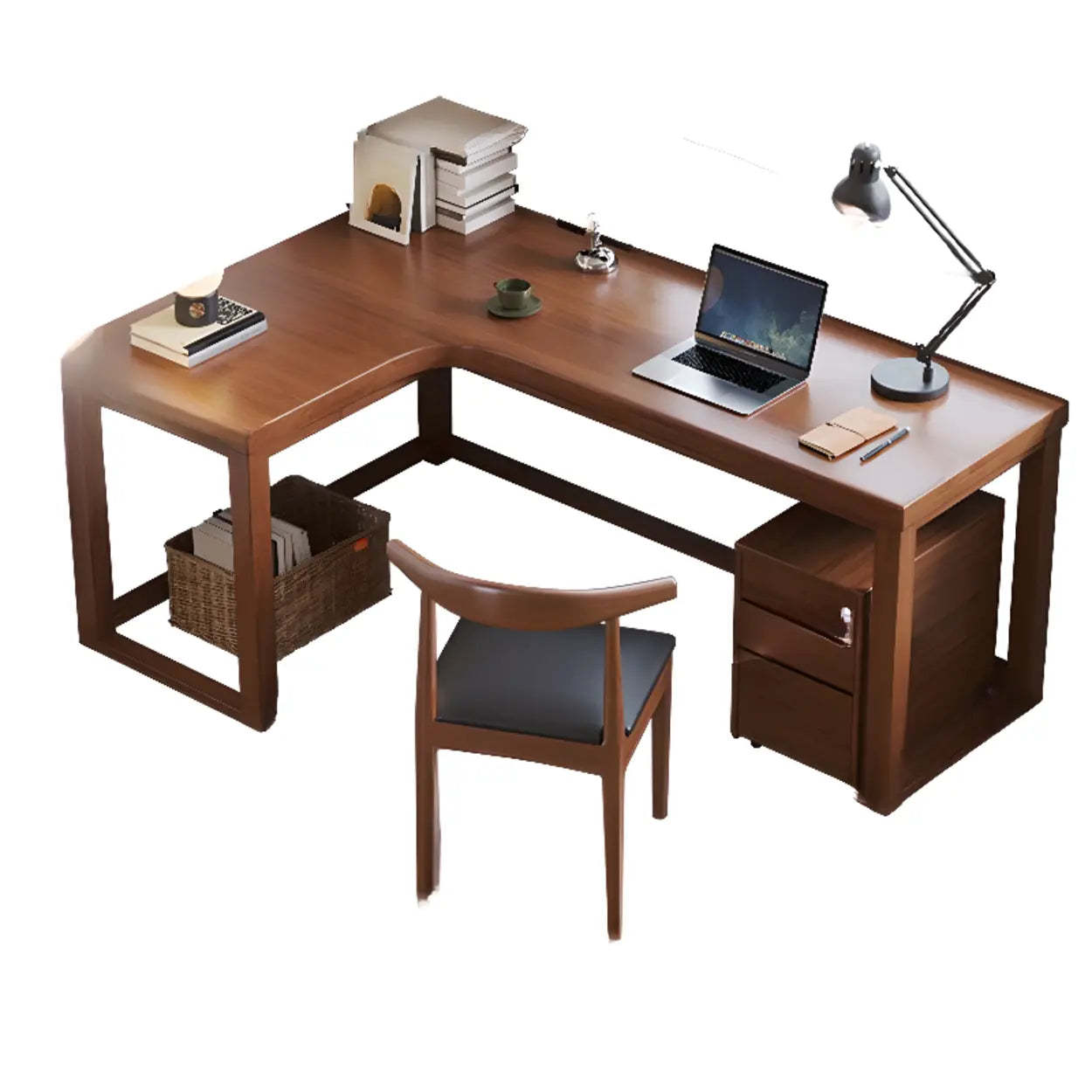 Nut-Brown Wood L-Shape Butcher Block Writing Desk — Natural/ White / Table Only