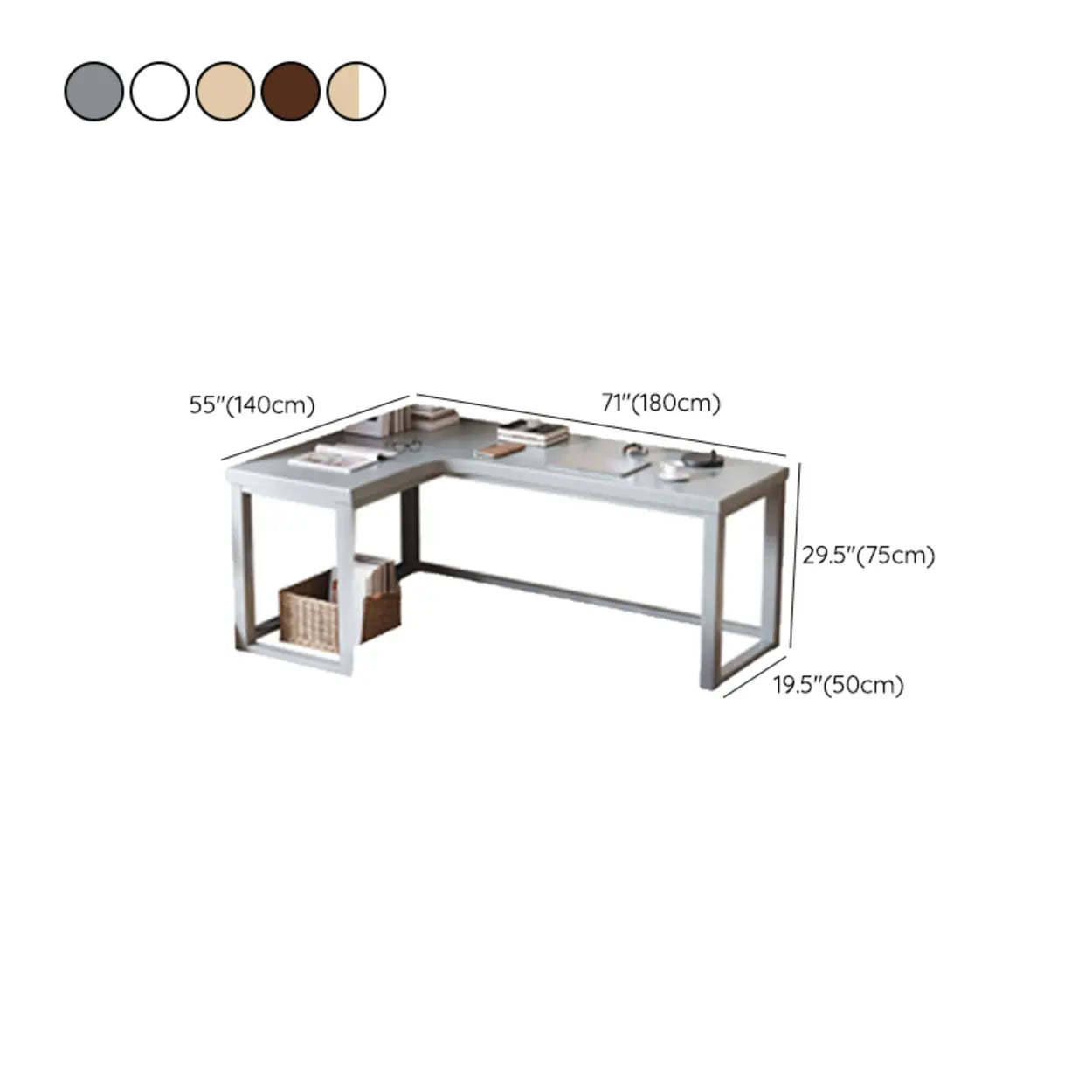 Nut-Brown Wood L-Shape Butcher Block Writing Desk — Grey / Table Only