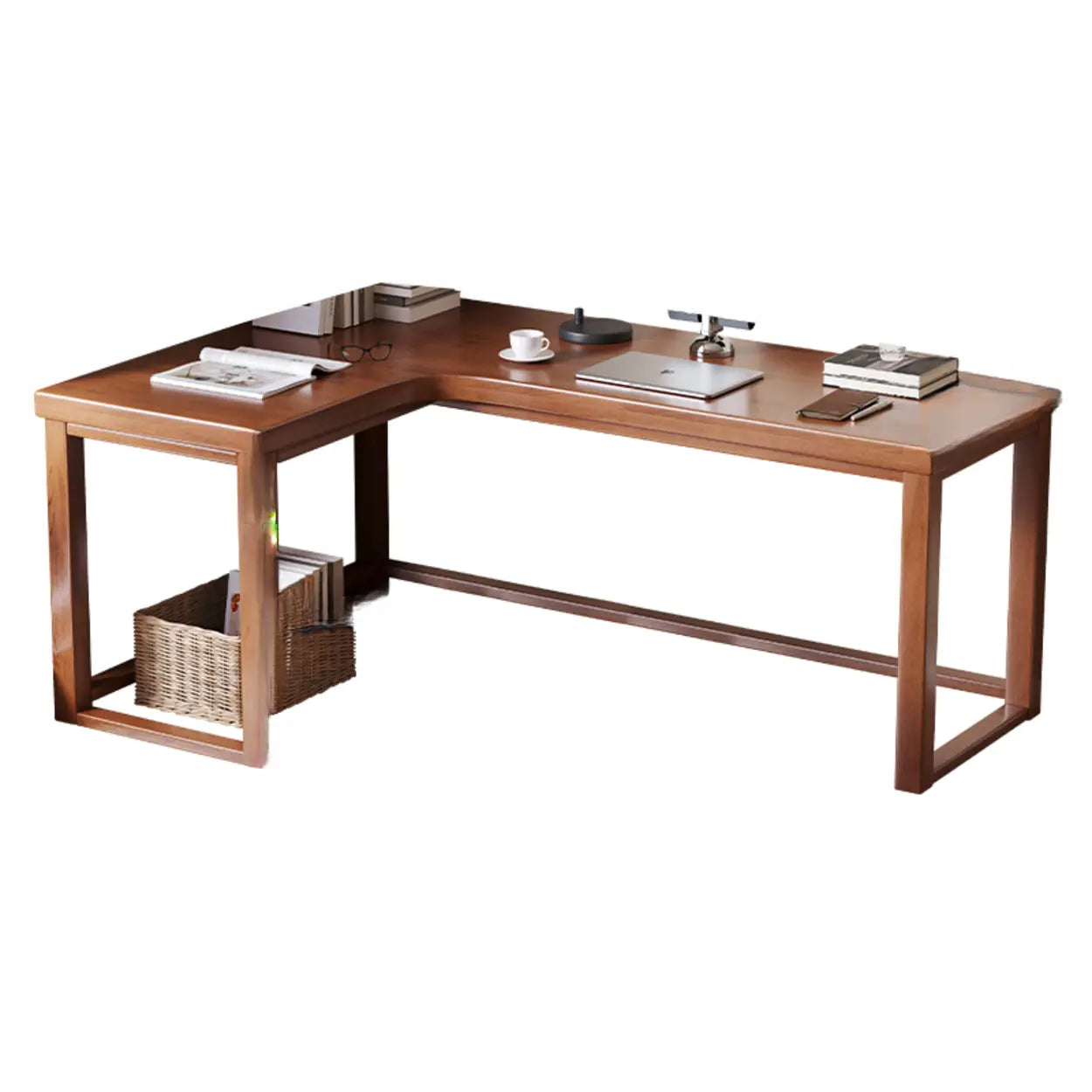 Nut-Brown Wood L-Shape Butcher Block Writing Desk — White / Table Only