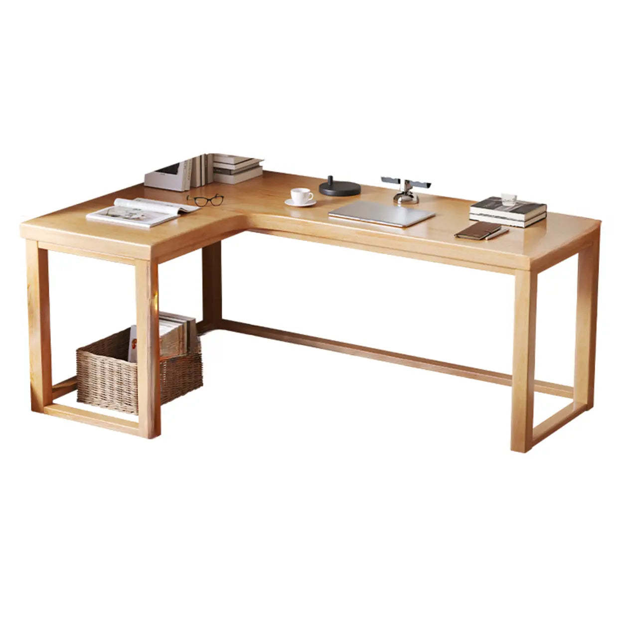 Nut-Brown Wood L-Shape Butcher Block Writing Desk — White / Table Only