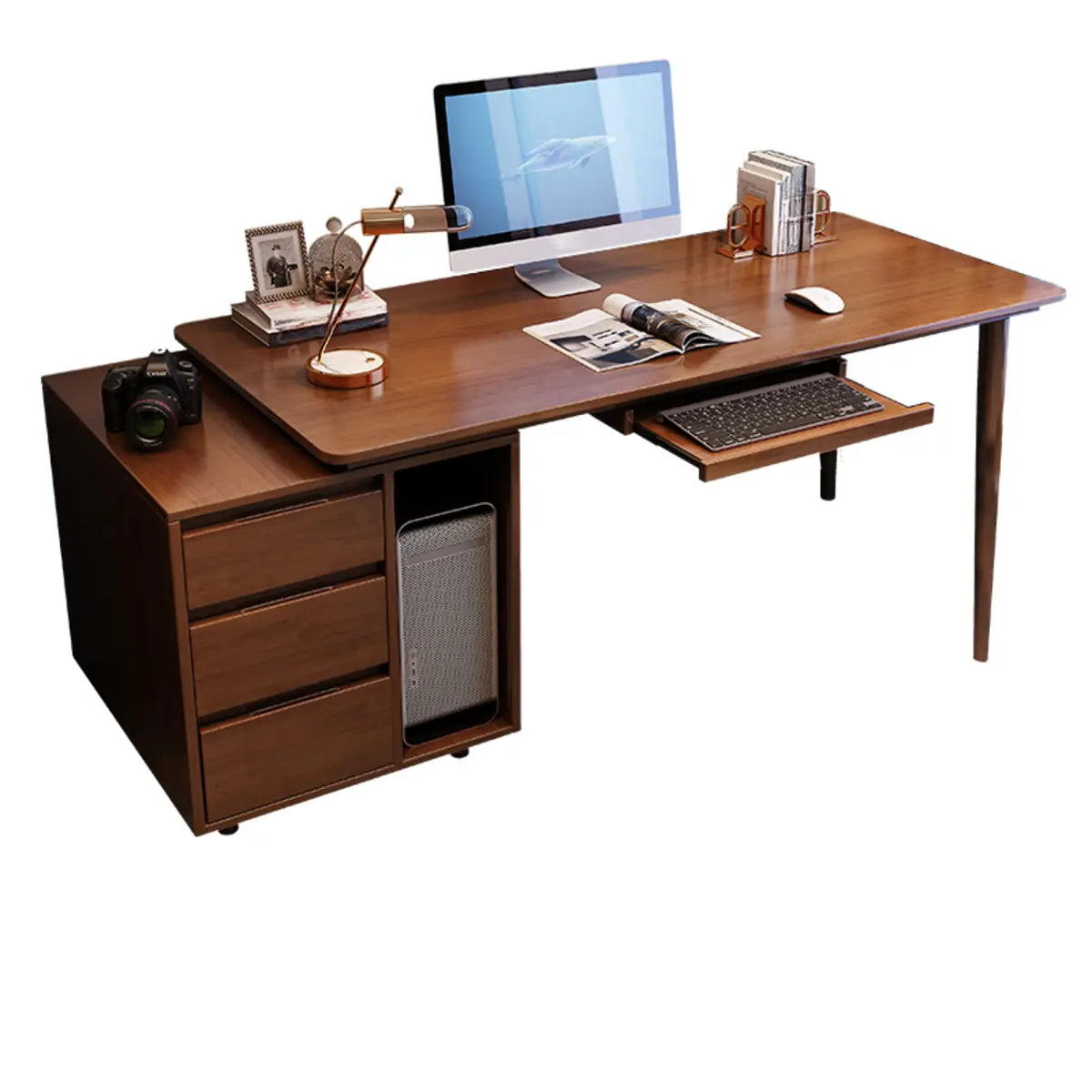 Oak Computer Desk with Drawers Shelf and Keyboard Tray — Without Chairs / Grey
