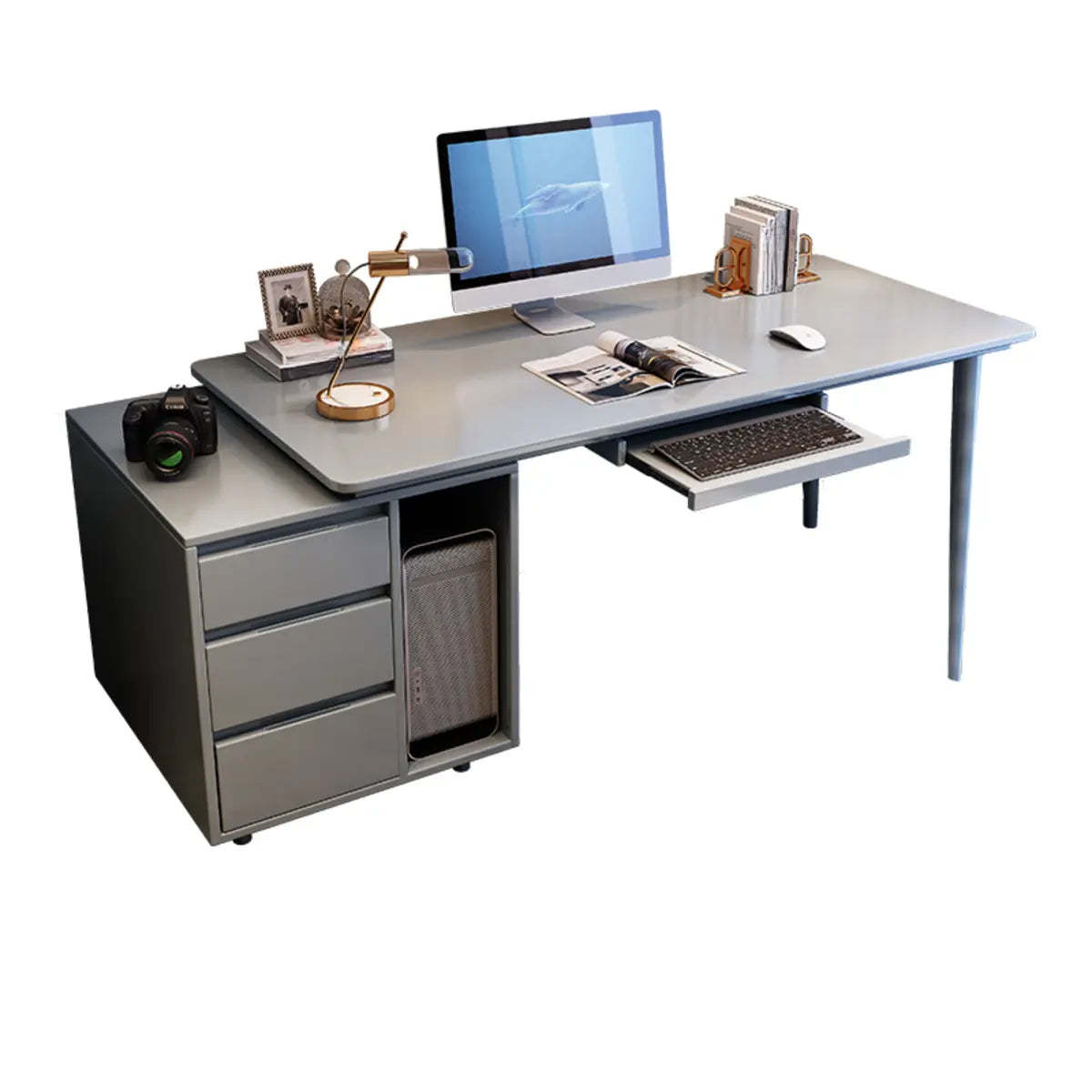 Oak Computer Desk with Drawers Shelf and Keyboard Tray — Without Chairs / Natural Finish