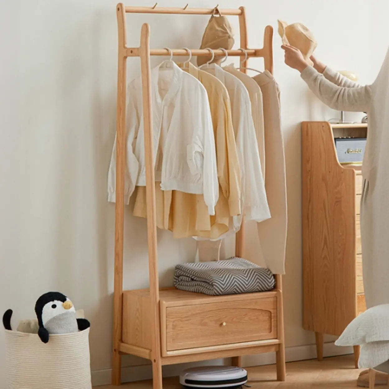 Natural Oak Light Wood Coat Rack with Drawer