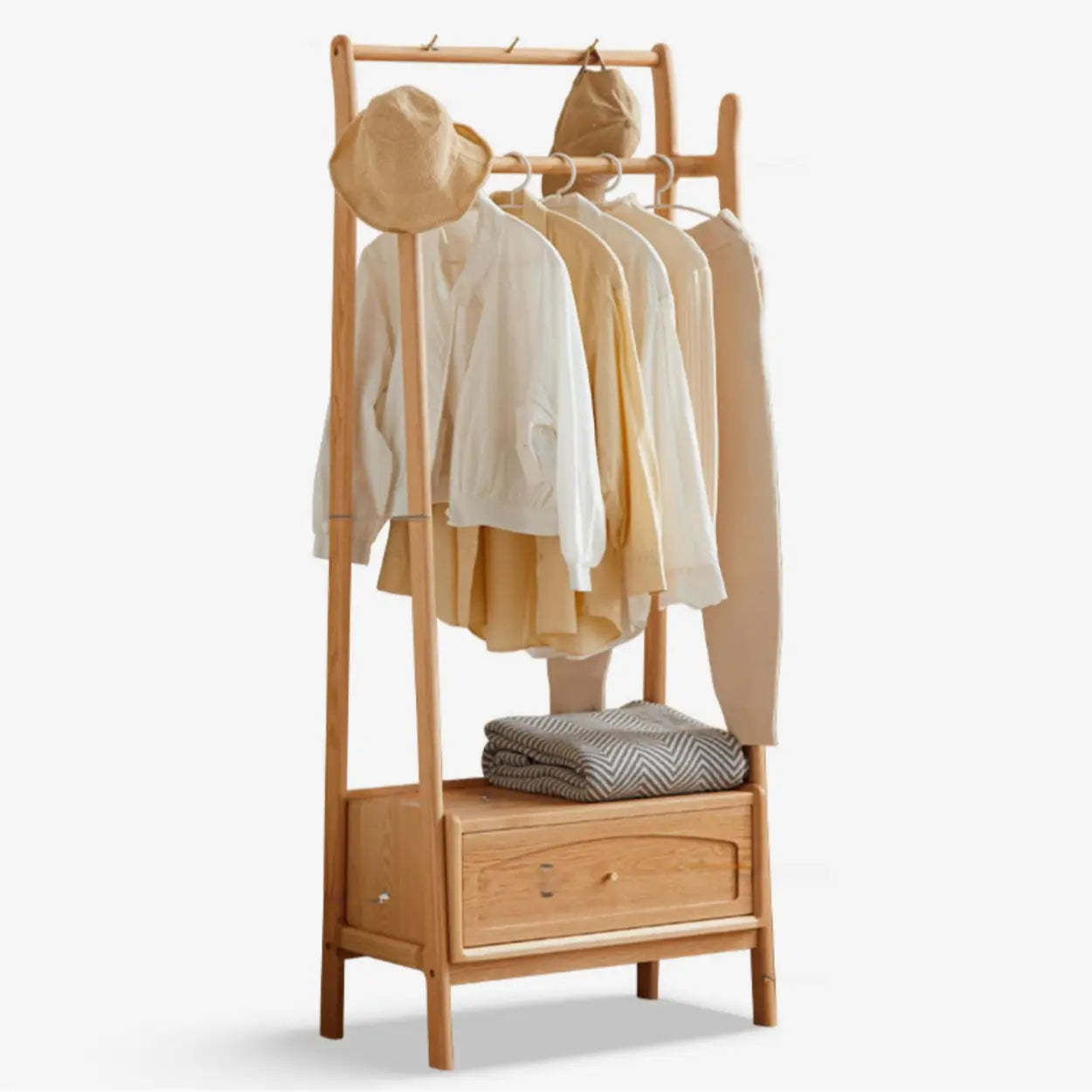 Natural Oak Light Wood Coat Rack with Drawer