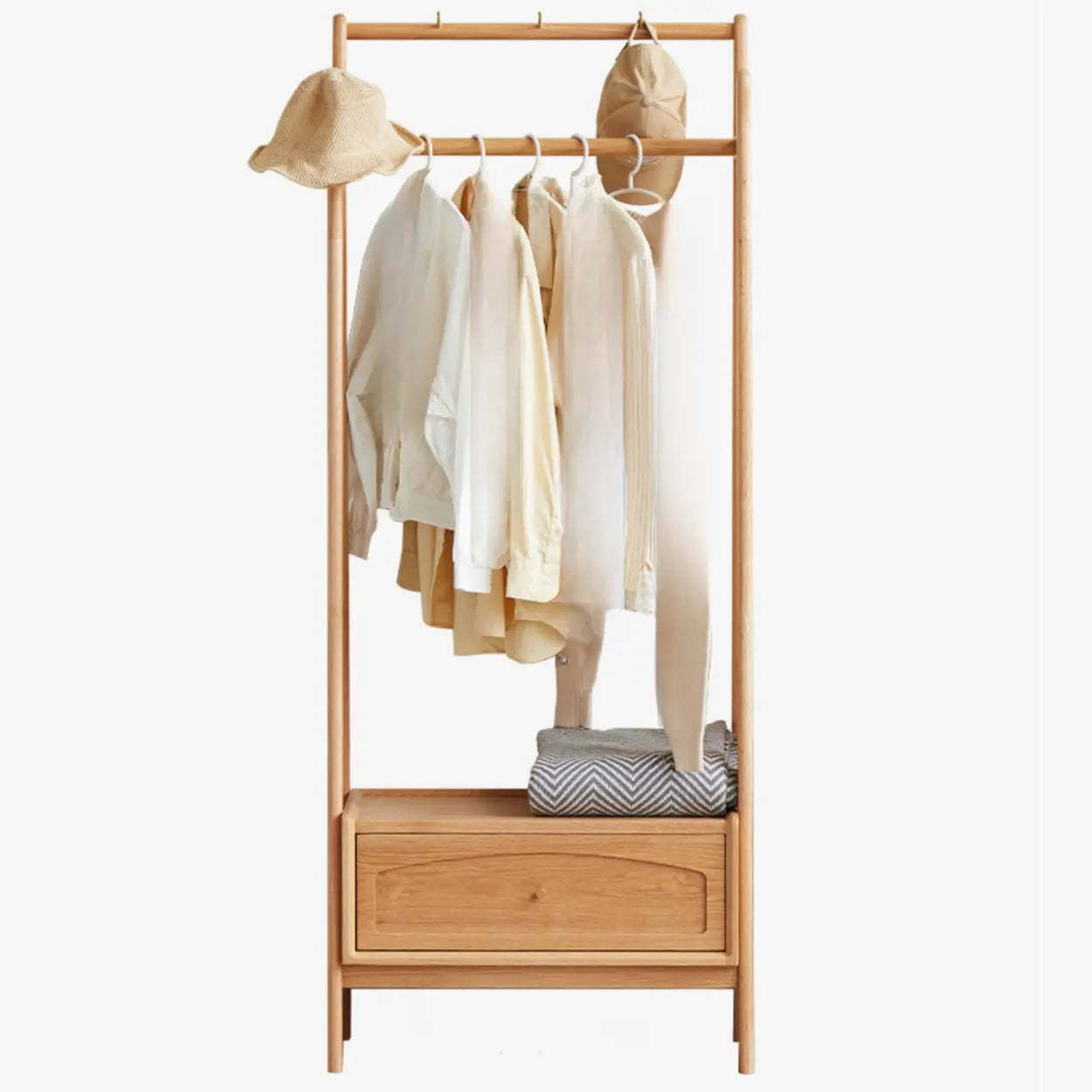 Natural Oak Light Wood Coat Rack with Drawer