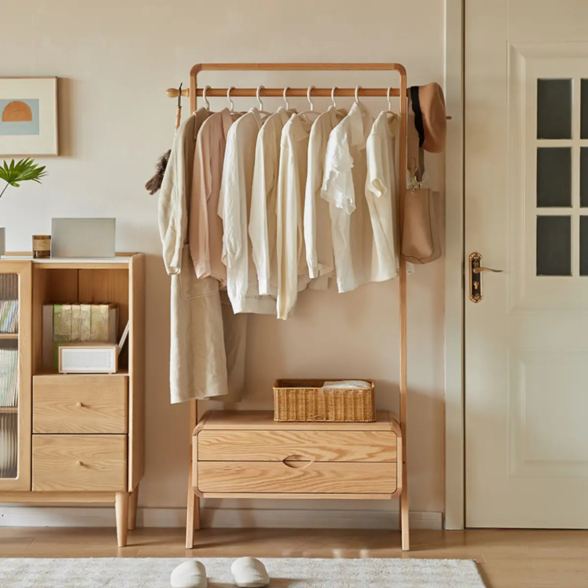 Oak Wood Shelf Drawer Freestanding Garment Rack