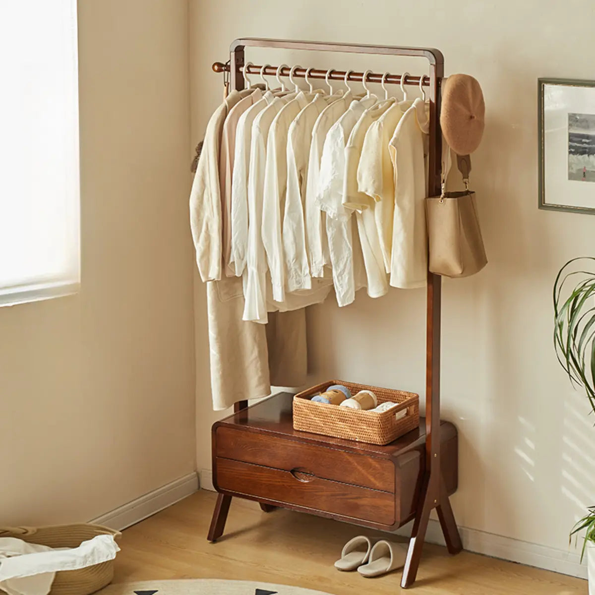 Oak Wood Shelf Drawer Freestanding Garment Rack — Natural