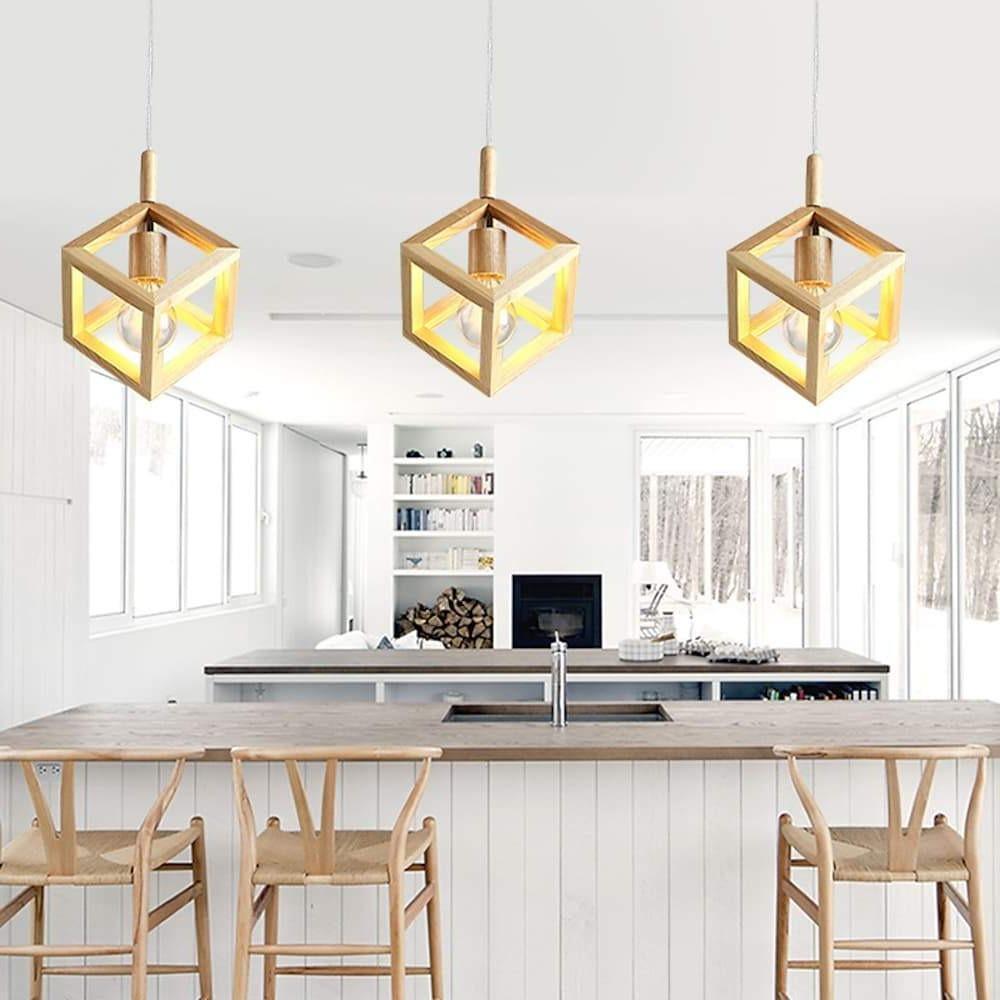 Modern Wood Square LED Island Hanging Pendant Light